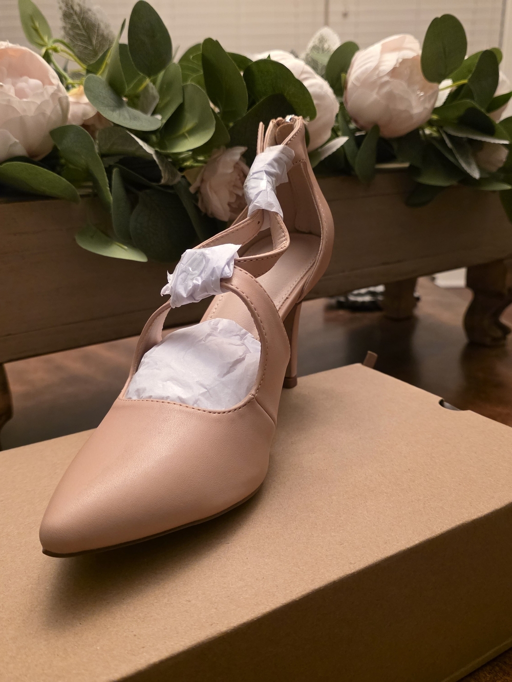 Nude Pink Pointed Toe Ankle Strap Pump